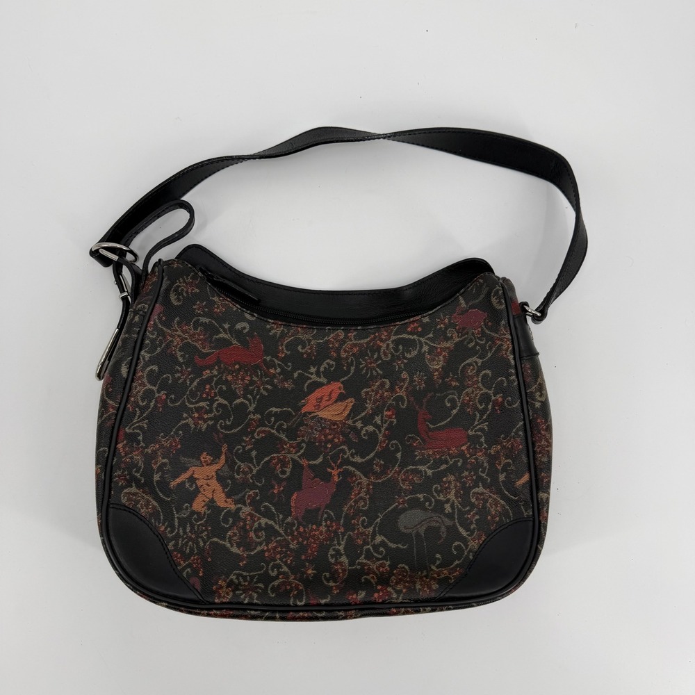 Piero Guidi Hobo Bag Black Leather Trim Angels Print Italy vintage